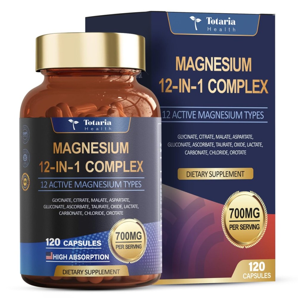 Totaria Magnesium Complex 700mg 12 in 1 Magnesium Supplement with Glycinate Citrate Malate Oxide Taurate Aspartate Orotate Magnesium Relaxation,Muscle,Heart Support, Vegan 120 Capsules
