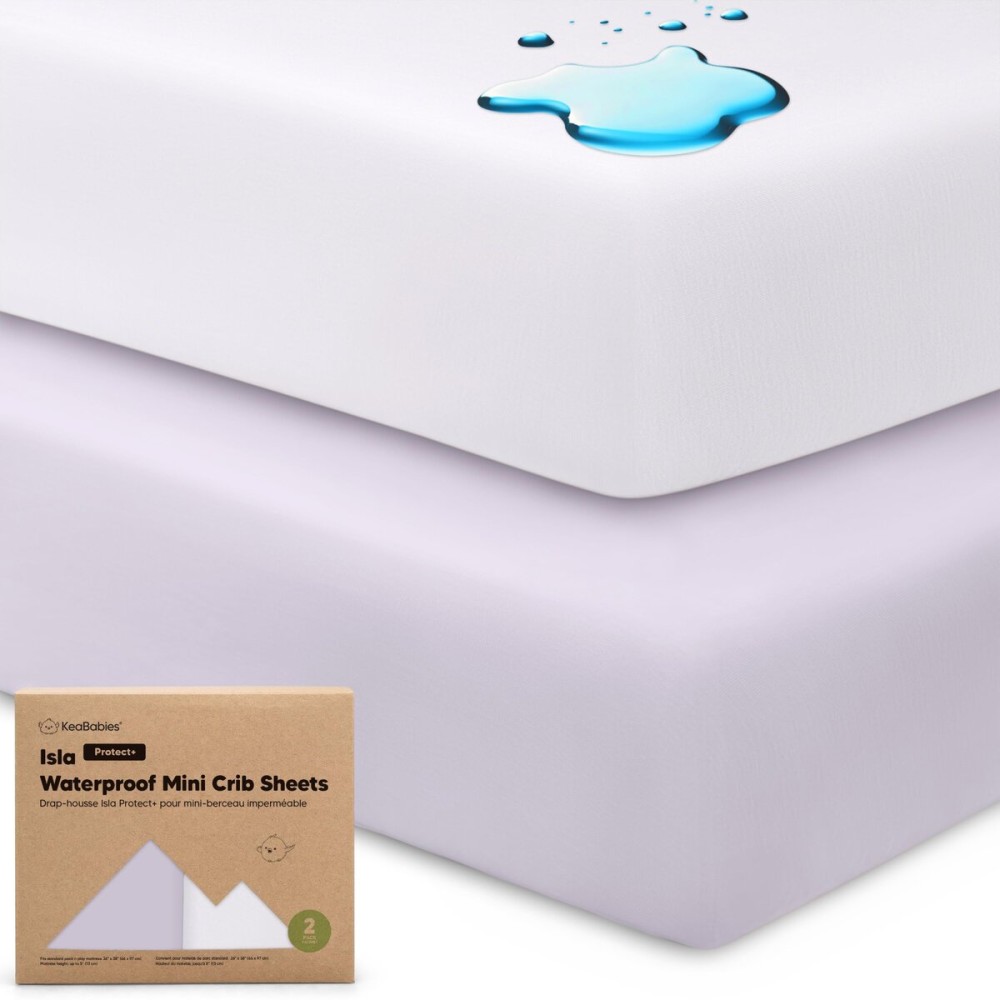 2-Pack Waterproof Pack and Play Sheets, Mini Crib Sheets Fitted for Boy, Girl - 38 x 26 Viscose from Bamboo Pack N Play Mattress Sheets for Graco, Toddler Playard Baby Crib Sheets Neutral (Lilac)