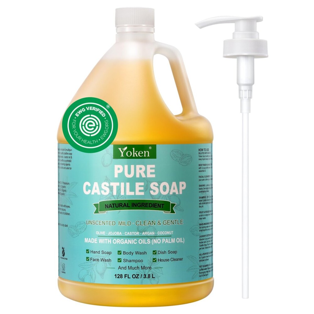Yoken Castile Soap Liquid EWG Verified(1 Gallon, Unscented) Pure-Castile Liquid Soap for Body, Face, Hand, Pets, Laundry, Dish Soap and More - Made With Organic Oil, Vegan, Clean & Gentle, Versatile