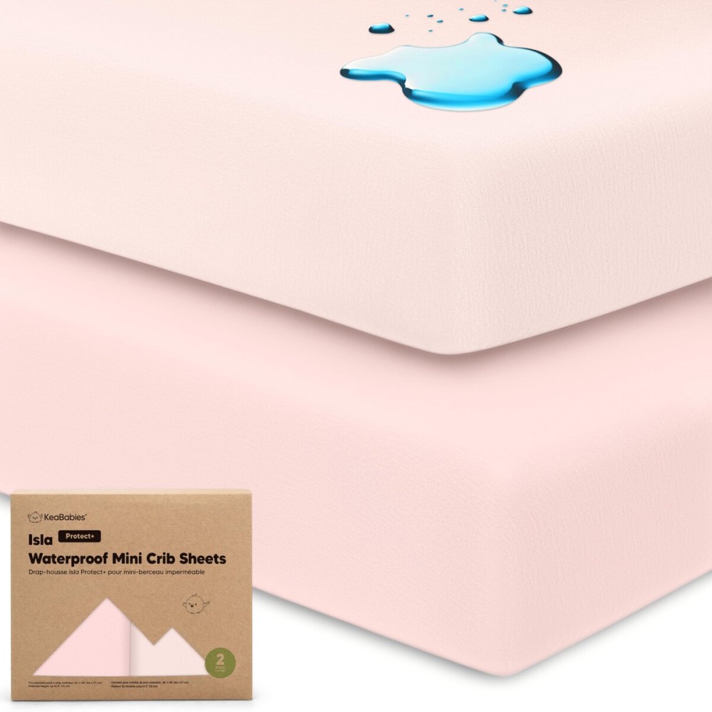 2-Pack Waterproof Pack and Play Sheets, Mini Crib Sheets Fitted for Boy, Girl - 38 x 26 Viscose from Bamboo Pack N Play Mattress Sheets for Graco, Toddler Playard Baby Crib Sheets Neutral (Mist Rose)