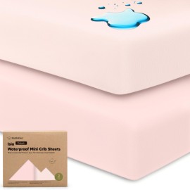 2-Pack Waterproof Pack and Play Sheets, Mini Crib Sheets Fitted for Boy, Girl - 38 x 26 Viscose from Bamboo Pack N Play Mattress Sheets for Graco, Toddler Playard Baby Crib Sheets Neutral (Mist Rose)