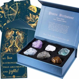Faivykyd Pisces Crystals Gift, 6 Pisces Zodiac Natural Stones w/ 50 Miracle Mantras Affirmation Cards, Unique Healing Gift for Women Promoting Positive Energy, Self-Care, & Love