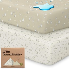 2-Pack Waterproof Pack and Play Sheets, Mini Crib Sheets Fitted for Boy, Girl - 38 x 26 Viscose from Bamboo Pack N Play Mattress Sheets for Graco, Toddler Playard Baby Crib Sheets Neutral(Pine Grove)