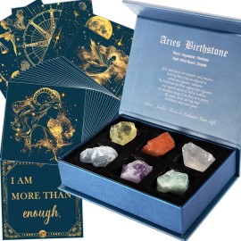Faivykyd Aries Crystals Gifts for Women - 6 Aries Zodiac Healing Stones w/ 50 Miracle Mantras Affirmation Cards, Inspirational Astrology Gifts for Promoting Positive Energy, Self-Care & Love