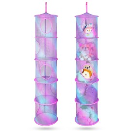 Basumee Stuffed Animals Net or Hammock 2 Pcs Stuffed Animals Storage Toy Net Hammock for Plushies Storage Organizer Mesh Kids Girls Room Decor, Blue and Purple, 5 Tiers
