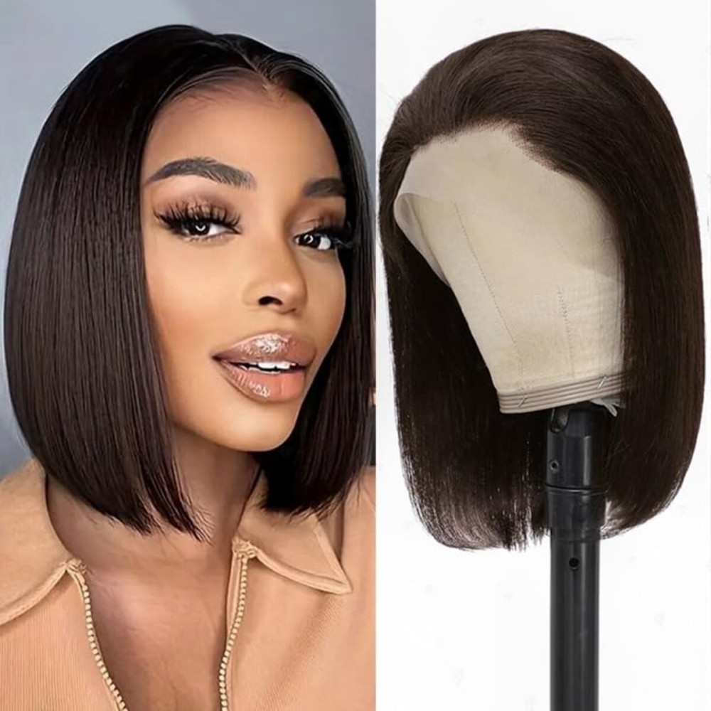Lace Frontal Wig Human Hair Dark Brown 13x4 Hd Transparent Lace Front Wig Bob Wig 180% Density Short Straight Frontal Bob Wig Human Hair Pre Plucked for Women With Baby Hair Dark Brown Color 10 Inch