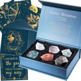 Faivykyd Cancer Zodiac Crystals Gifts for Women, 6 Zodiac Cancer Healing Stones w/ 50 Miracle Mantras Affirmation Cards, Spiritual Astrology Gifts for Promoting Positive Energy, Self-Care & Love