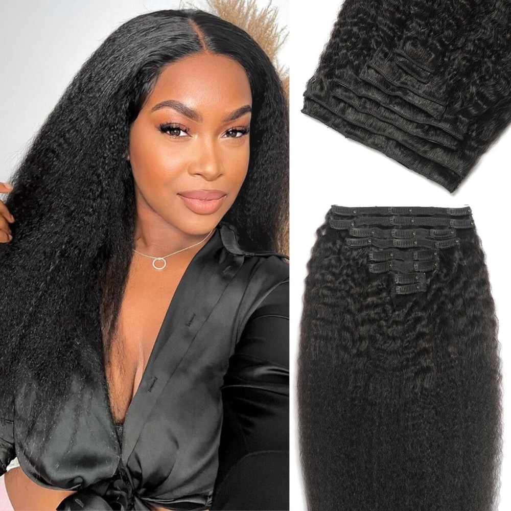 Kinky Straight Clip in Human Hair Extensions for Black Women 8Pcs 120g Seamless Kinky Straight Clip Ins 18Clips Double Weft Human Hair Full Head Hair Extensions (1B 22 Inch)