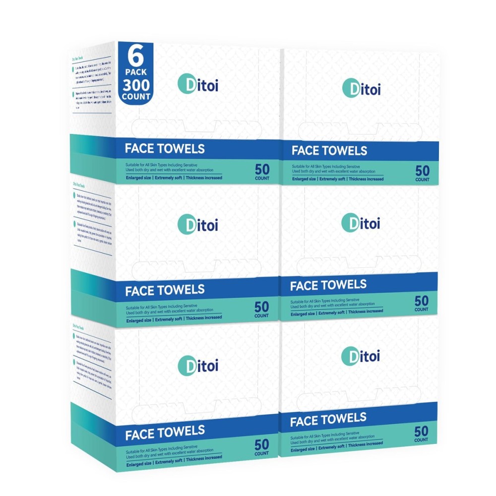 Ditoi Disposable Face Towels,Ultra Thick Face Towelettes XL, Lint-Free Cotton Facial Cloths for Makeup Removal,1012, 300 Count (6 Pack)