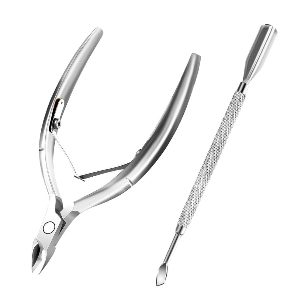 Cuticle Trimmer with Cuticle Pusher and Scissors, Cuticle Remover Professional Durable Pedicure Manicure Tools, Stainless Steel Cuticle Nipper Cutter Clipper (Silver Pusher)