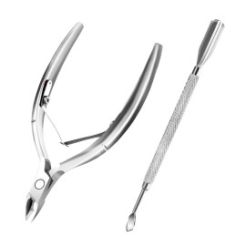Cuticle Trimmer with Cuticle Pusher and Scissors, Cuticle Remover Professional Durable Pedicure Manicure Tools, Stainless Steel Cuticle Nipper Cutter Clipper (Silver Pusher)