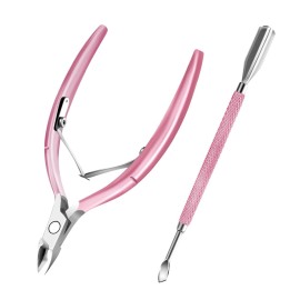 Cuticle Trimmer with Cuticle Pusher and Scissors, Cuticle Remover Professional Durable Pedicure Manicure Tools, Stainless Steel Cuticle Nipper Cutter Clipper (Pink Pusher)