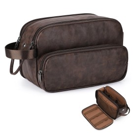Estour Toiletry Bag for Men, Travel Essentials Travel Toiletry Bag, Water-Resistant Compact Bathroom Roll Organizer for Hygiene, Shaving kit, Gifts for men (Dark Brown(PU Leather))