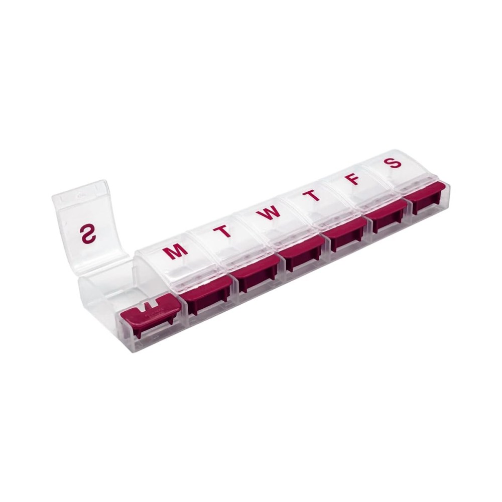 EZY DOSE Weekly (7-Day) AM/PM Daily Pill Organizer, Vitamin Case, and Medicine Container, X-Large Compartments, Arthritis Friendly, Convenient with Effortless Portability, Clear/Red Lids, BPA Free