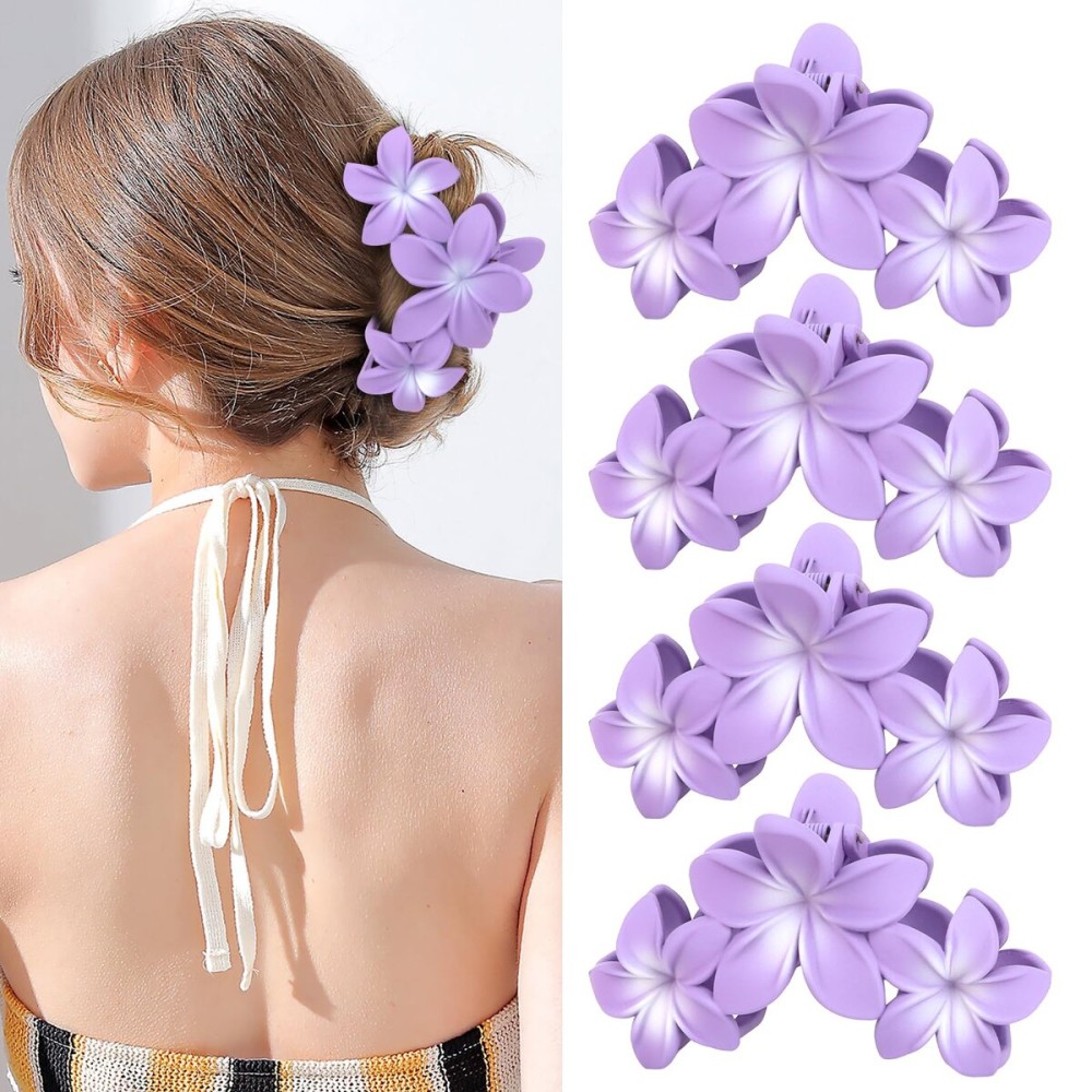 ANBALA Hair Clip, 4PCS Flower Design Plumeria Hair Clips, Large Non-Slip Strong Hold Claw Clips for Thick Hair, Beach Hair Accessories for Women Girls (Purple)