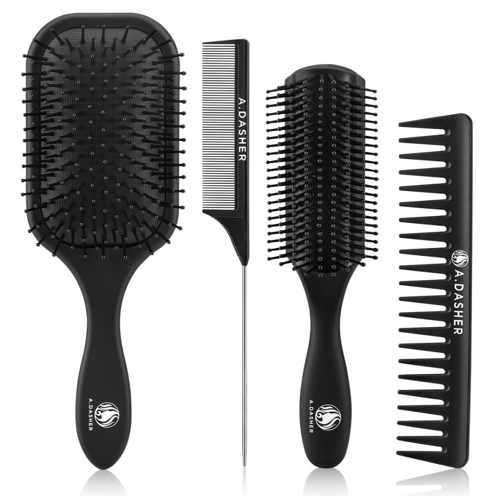 4Pcs Paddle Hair Brush Set, Detangler Brush and comb-Detangling Hairbrush for Wet Dry Long Thick Thin Curly Natural Hair(Black)