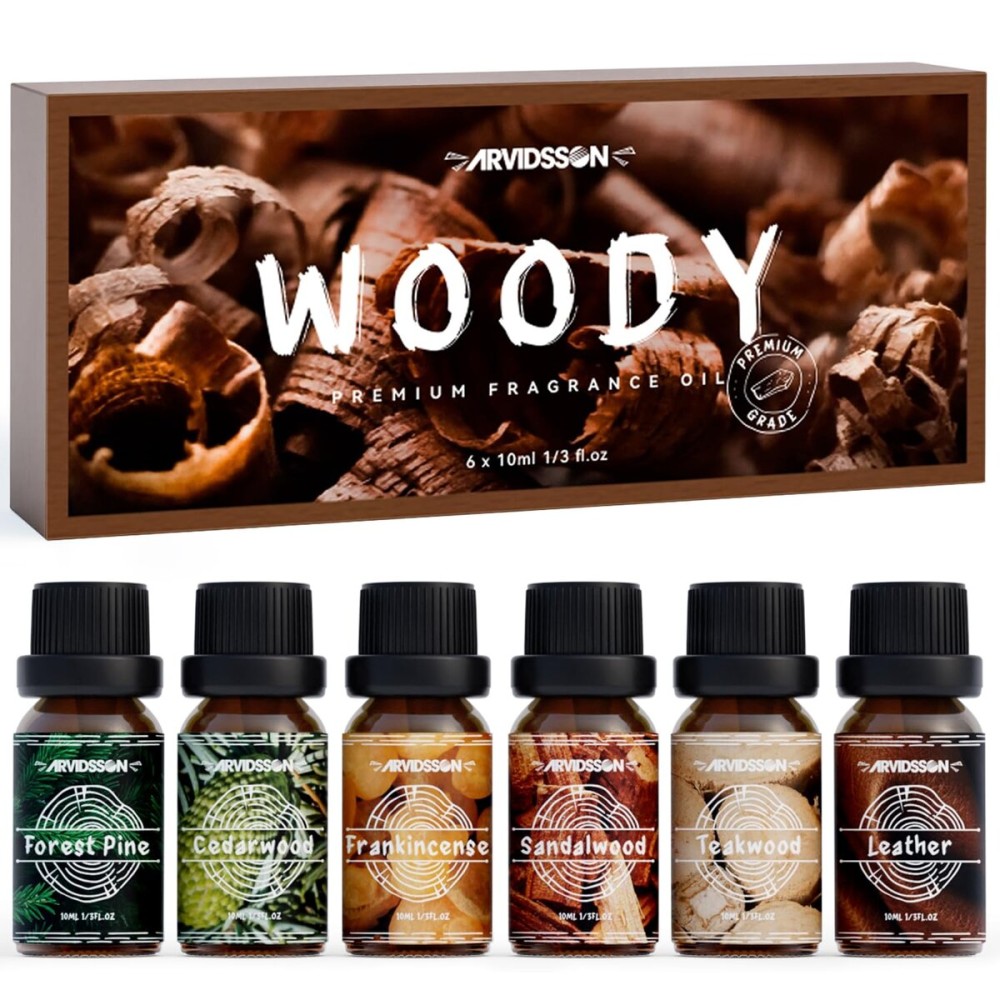 Woody Essential Oils Set, ARVIDSSON Woodsy Fragrance Oil for Candle Making, Sandalwood, Leather, Teakwood, Frankincense, Cedarwood, Pine, Diffuser Essential Oil for Men and Women
