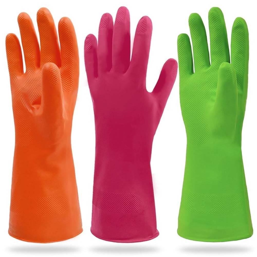 Cleanbear Cleaning Gloves Large, Reusable Nitrile Glove set of 3 Pairs, Latex Free Rubber Gloves for Washing Dishes, Household Cleaning, Bathroom or Gift Use, 12 Inches (Red, Green and Orange)