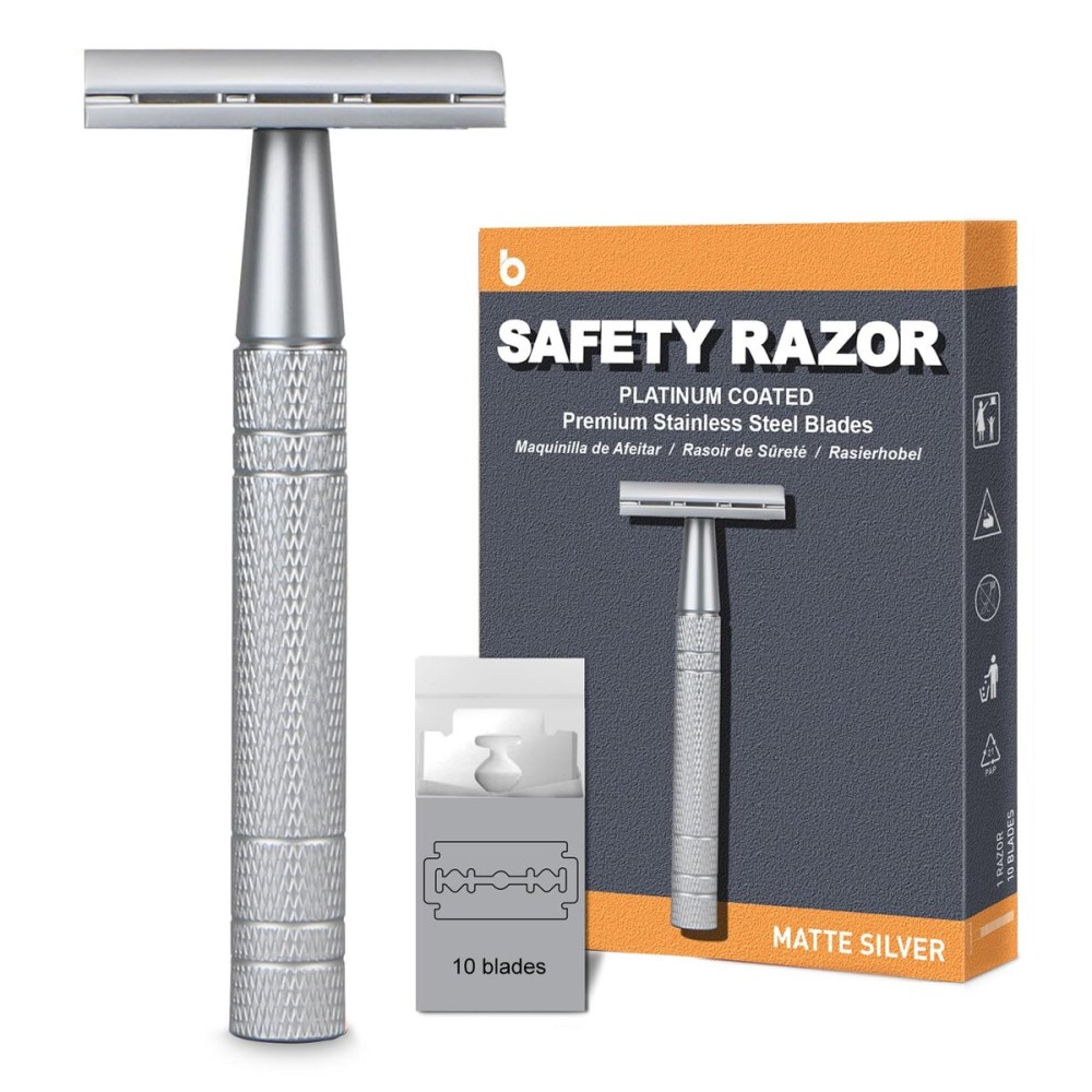 Double Edge Safety Razor, Single Blade Razors for Men and Women, with 10 Double Edge Blades, Reusable Metal 1 Blade Razor, Eco-Friendly, Zero Waste, Smooth and Close Shave, Matte Silver