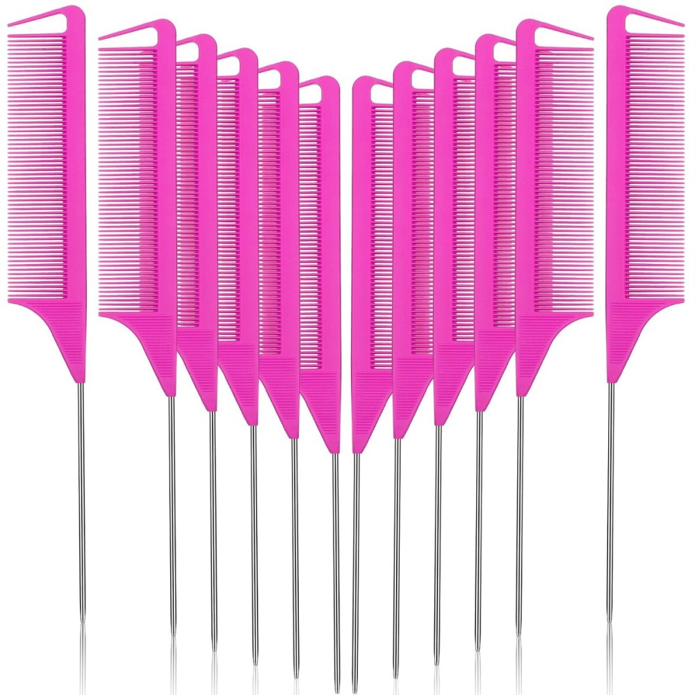 Patelai 12 Pcs Parting Comb for Braids, Rat Tail Stainless Steel Pintail Comb for Teasing, Braiding, Pressing, Hair Styling, Hairdressing, Hair Salon & Home Use, Rose Red