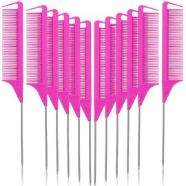 Patelai 12 Pcs Parting Comb for Braids, Rat Tail Stainless Steel Pintail Comb for Teasing, Braiding, Pressing, Hair Styling, Hairdressing, Hair Salon & Home Use, Rose Red