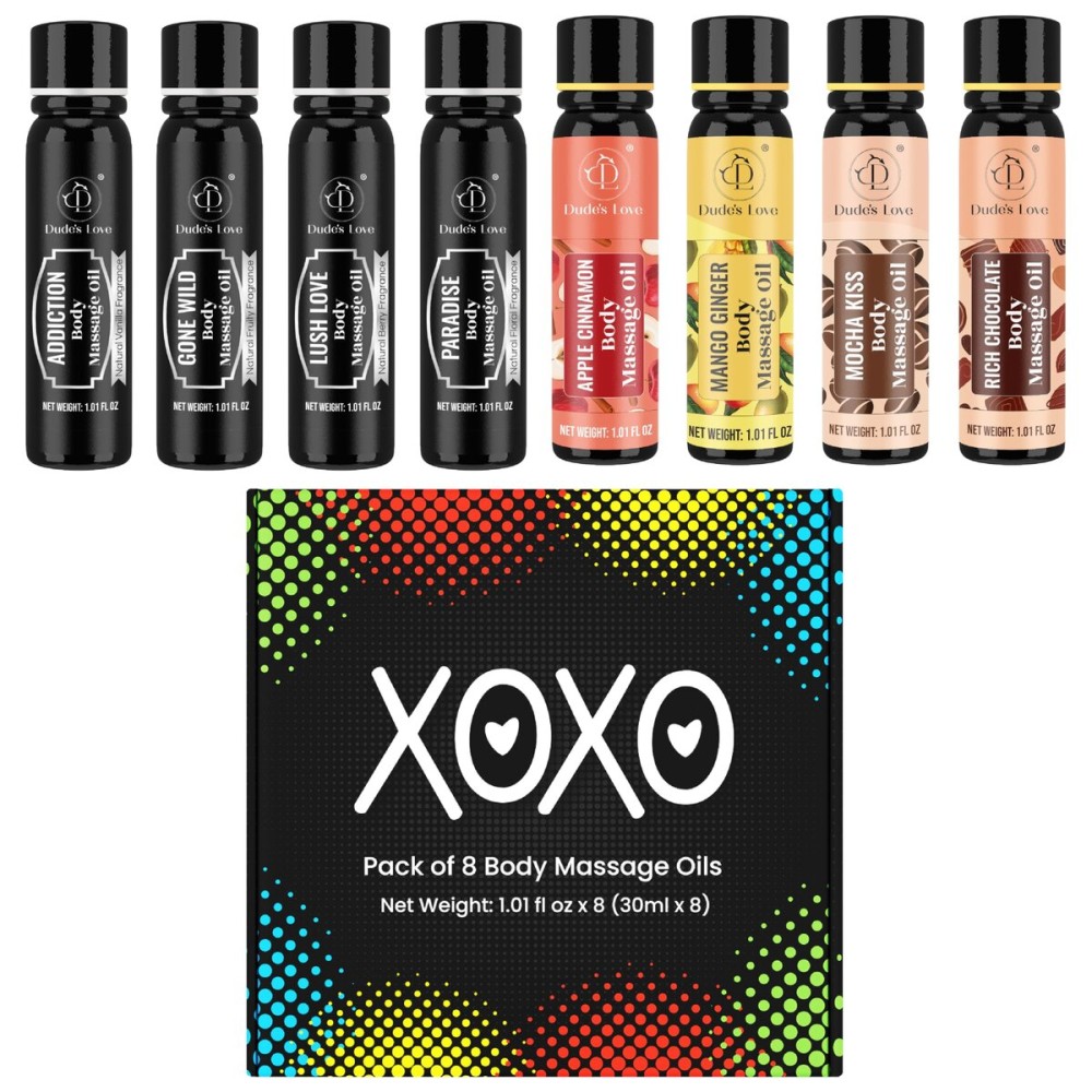 XOXO - 8 Piece Flavoured Body Massage Oils Set - Natural Pleasant Aroma for Men & Women - Quality Assurance, Nourishing & Moisturizing - 240ML/8.11 FL Oz - by Dudes Love