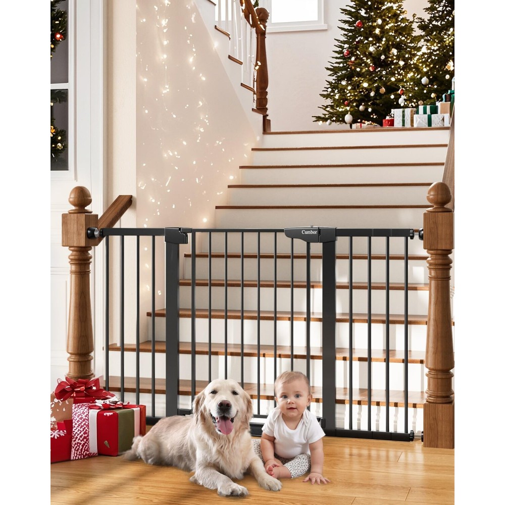 Cumbor 29.7-54.2 Wide Baby Gate for Stairs, Mom\'s Choice Awards Winner-Self Closing Dog Gate Indoor for Doorways, No Drilling Pressure Mounted Pet Gates for Kids, Easy Walk Through Safety Gate, Black