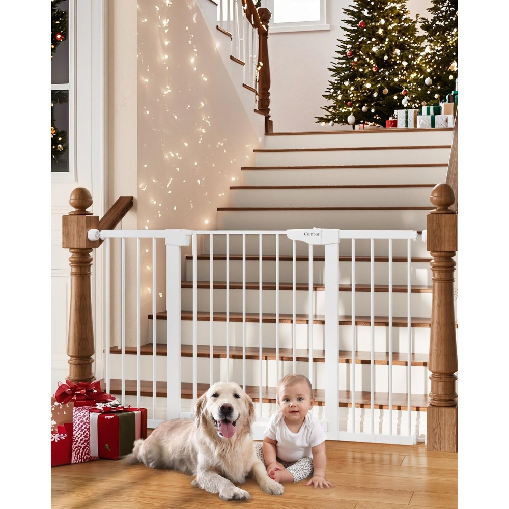 Cumbor 29.7-54.2 Wide Baby Gate for Stairs, Mom\'s Choice Awards Winner-Self Closing Dog Gate Indoor for Doorways, No Drilling Pressure Mounted Pet Gates for Kids, Easy Walk Through Safety Gate, White