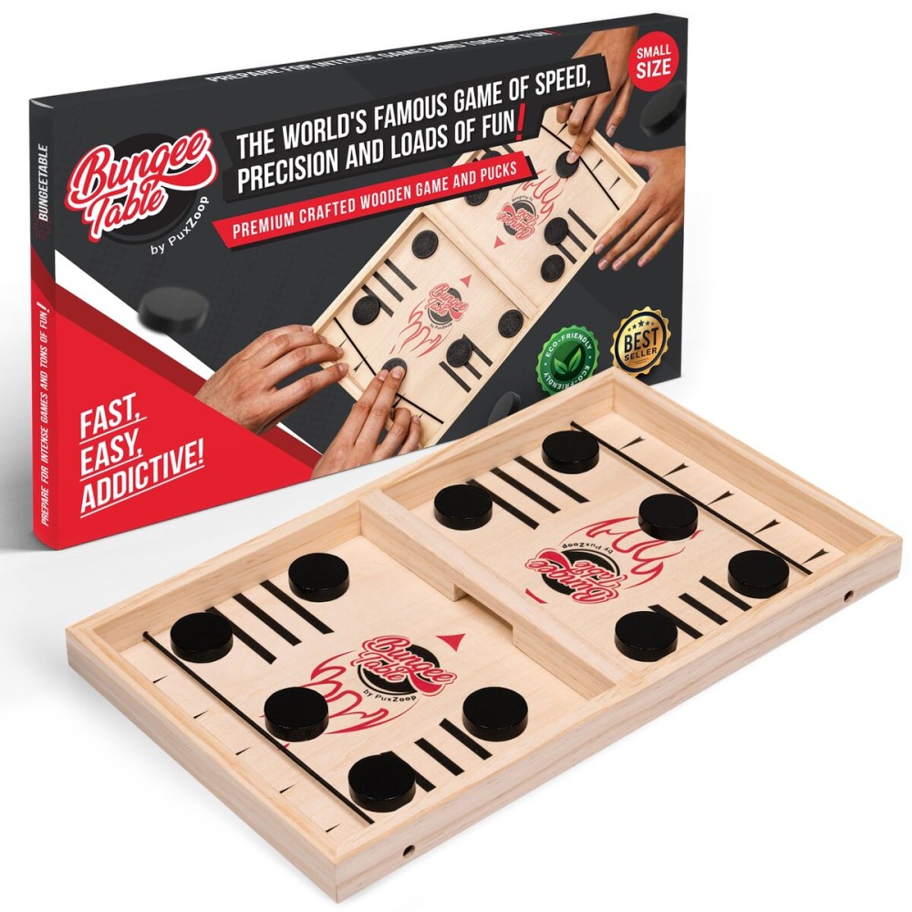 Bungee Table Fast Sling Puck Game - Small Size - Test Your Speed and Accuracy with This Fast-Paced Wooden Air Hockey Board Game - Guaranteed Fun for Family Night or Friends Party