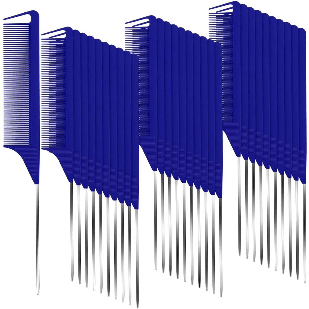 Patelai 30 Pieces Parting Comb for Braids Steel Hair Pin Rat Tail Carbon Fiber Heat Resistant Teasing Combs with Stainless Steel Pintail(Navy Blue)