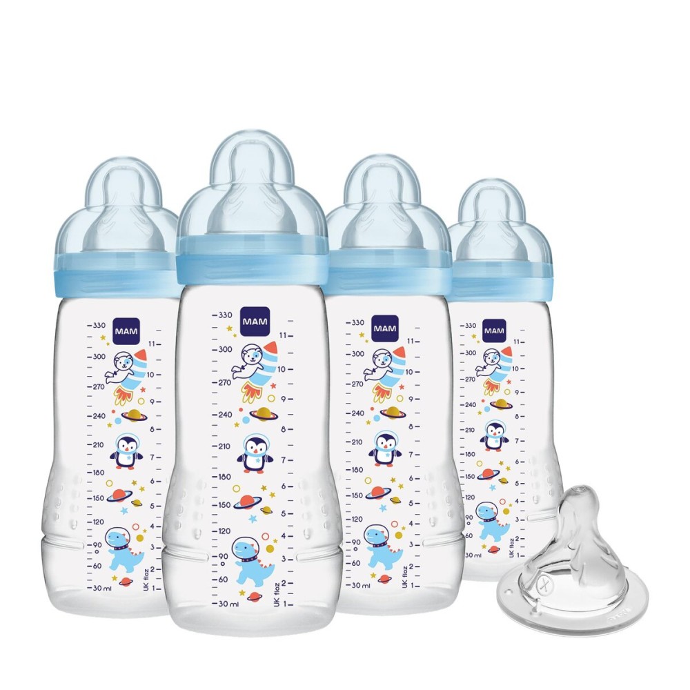 MAM Easy Active Baby Bottles 11 oz with Bonus Nipple, Fast Flow Skinsoft Silicone Nipple with Wide Neck Ergonomic Design, Easy to Hold, BPA-Free Bottles with Leak-Proof Caps for 4+ Months Baby, Boy
