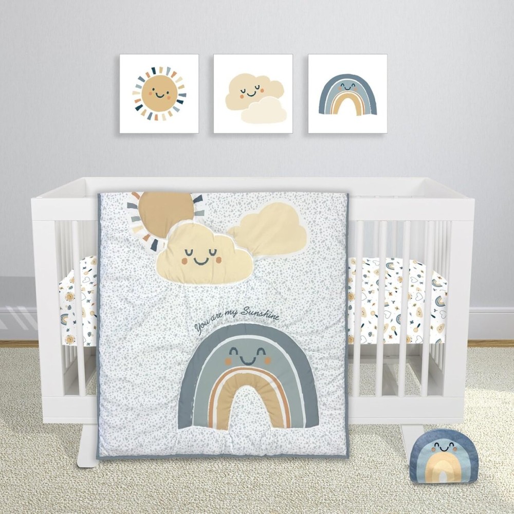 Sammy & Lou Sunshine and Rainbows 4-Piece Baby Nursery Crib Bedding Set, Includes Quilt, Two Fitted Crib Sheets, and Plush Toy