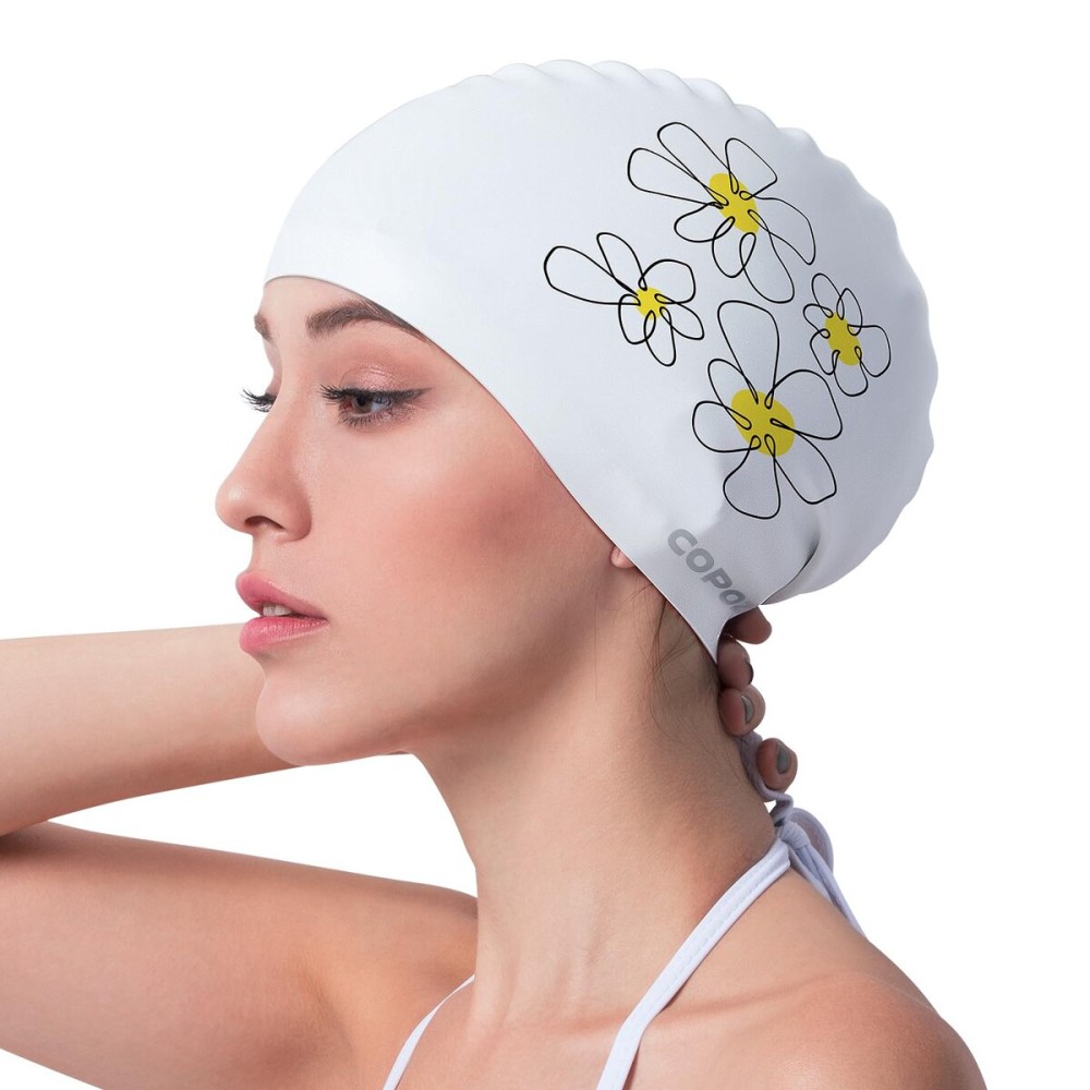 COPOZZ Adult Swim Caps, Silicone Waterproof Comfortable Swimming Cap for Women, Long and Short Hair (Daisy-12yrs+)