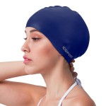 COPOZZ Adult Swim Caps, Silicone Waterproof Comfortable Swimming Cap for Women, Long and Short Hair (Blue-12yrs+)