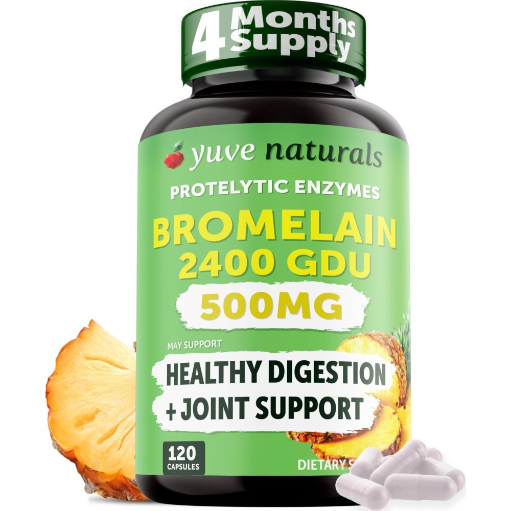 Yuve High Potency Bromelain 500mg 2400GDU Digestive Enzymes - Gut & Joint Health from Pineapple - Helps Digesting Proteins - Plant-Based, Non-GMO, 3rd Party Tested - 120 Capsules