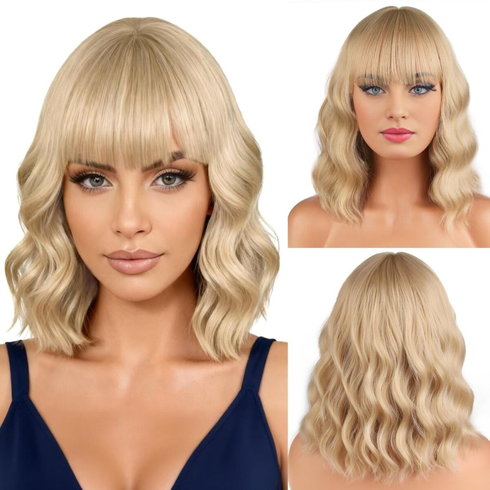 BERON 14 Inches Purple Orange Wig with Bangs Short Colorful Bob Wigs Halloween Wigs for Women Loose Wavy Wig for Women