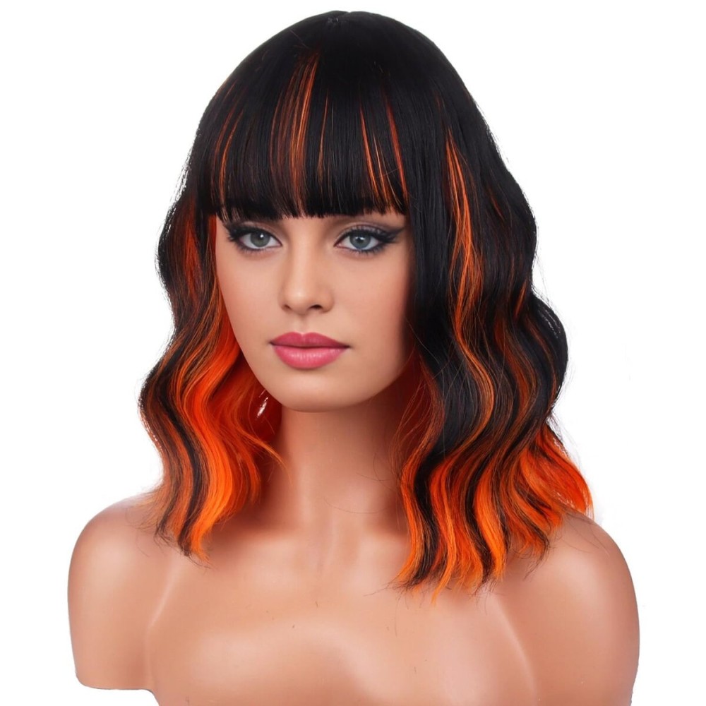 BERON 14 Inches Black Orange Wig Short Orange Bob Wigs with Bangs Halloween Wigs for Women Loose Wavy Wig for Cosplay Party