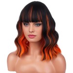 BERON 14 Inches Black Orange Wig Short Orange Bob Wigs with Bangs Halloween Wigs for Women Loose Wavy Wig for Cosplay Party
