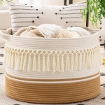 KAKAMAY Large Blanket Basket (20x13),Woven Baskets for storage Baby Laundry Hamper, Cotton Rope Blanket Basket for Living Room, Laundry, Nursery, Pillows, Baby Toy chest (White Fringe)