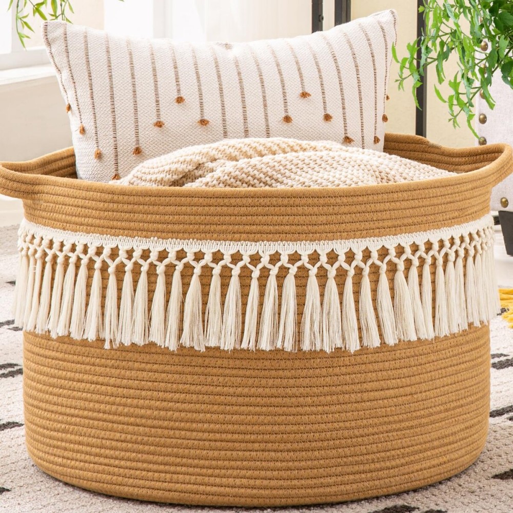 KAKAMAY Large Blanket Basket (20x13),Woven Baskets for storage Baby Laundry Hamper, Cotton Rope Blanket Basket for Living Room, Laundry, Nursery, Pillows, Baby Toy chest (Brown Fringe)