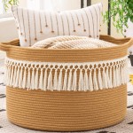 KAKAMAY Large Blanket Basket (20x13),Woven Baskets for storage Baby Laundry Hamper, Cotton Rope Blanket Basket for Living Room, Laundry, Nursery, Pillows, Baby Toy chest (Brown Fringe)