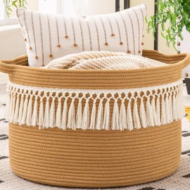 KAKAMAY Large Blanket Basket (20x13),Woven Baskets for storage Baby Laundry Hamper, Cotton Rope Blanket Basket for Living Room, Laundry, Nursery, Pillows, Baby Toy chest (Brown Fringe)