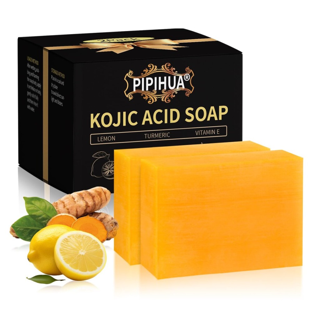 PIPIHUA Turmeric Kojic Acid Soap for Skin: Lemon Kojic Acid Dark Spot Remover Soap Bars Combines Lemon&Turmeric&Kojic acid&Collagen&Vitamin C&Glutathione(2 Pack)