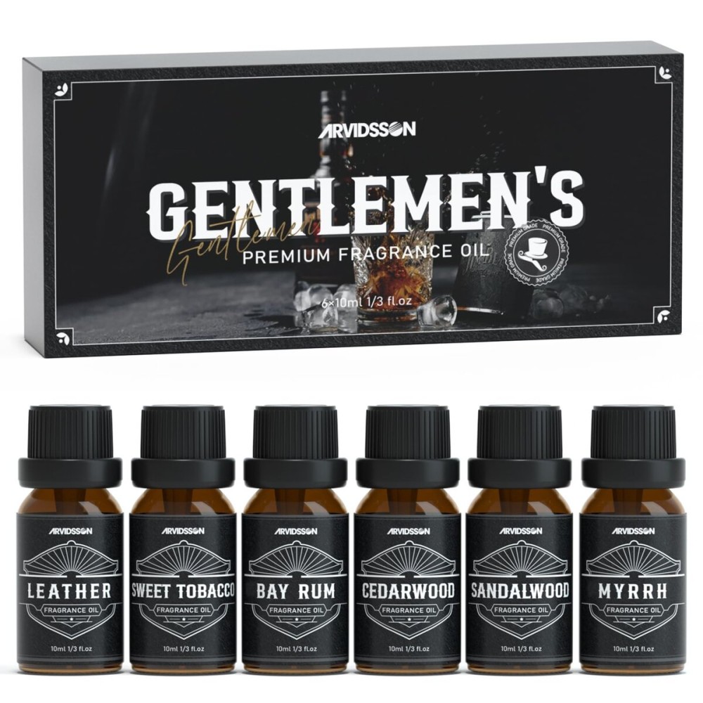 Essential Oils for Men, ARVIDSSON Masculine Essential Oils, Manly Fragrance Oils for Diffuser, Sandalwood, Cedarwood, Leather, Sweet Tobacco, Bay Rum, Myrrh, Gift for Men