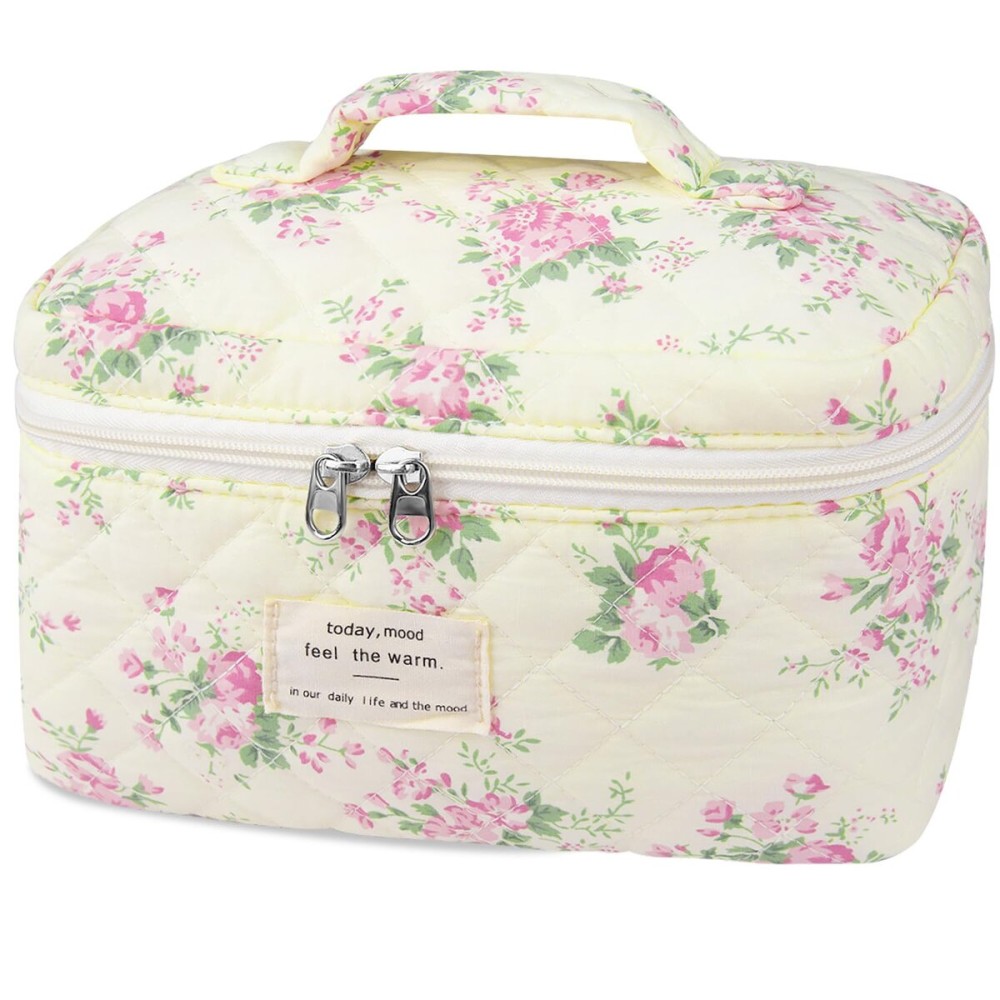 Large Travel Quilted Makeup Bag for Women,Big Floral Cotton Cosmetic Bag, Cute Coquette Aesthetic Floral Toiletry Organizer Bag (Pink pattern)