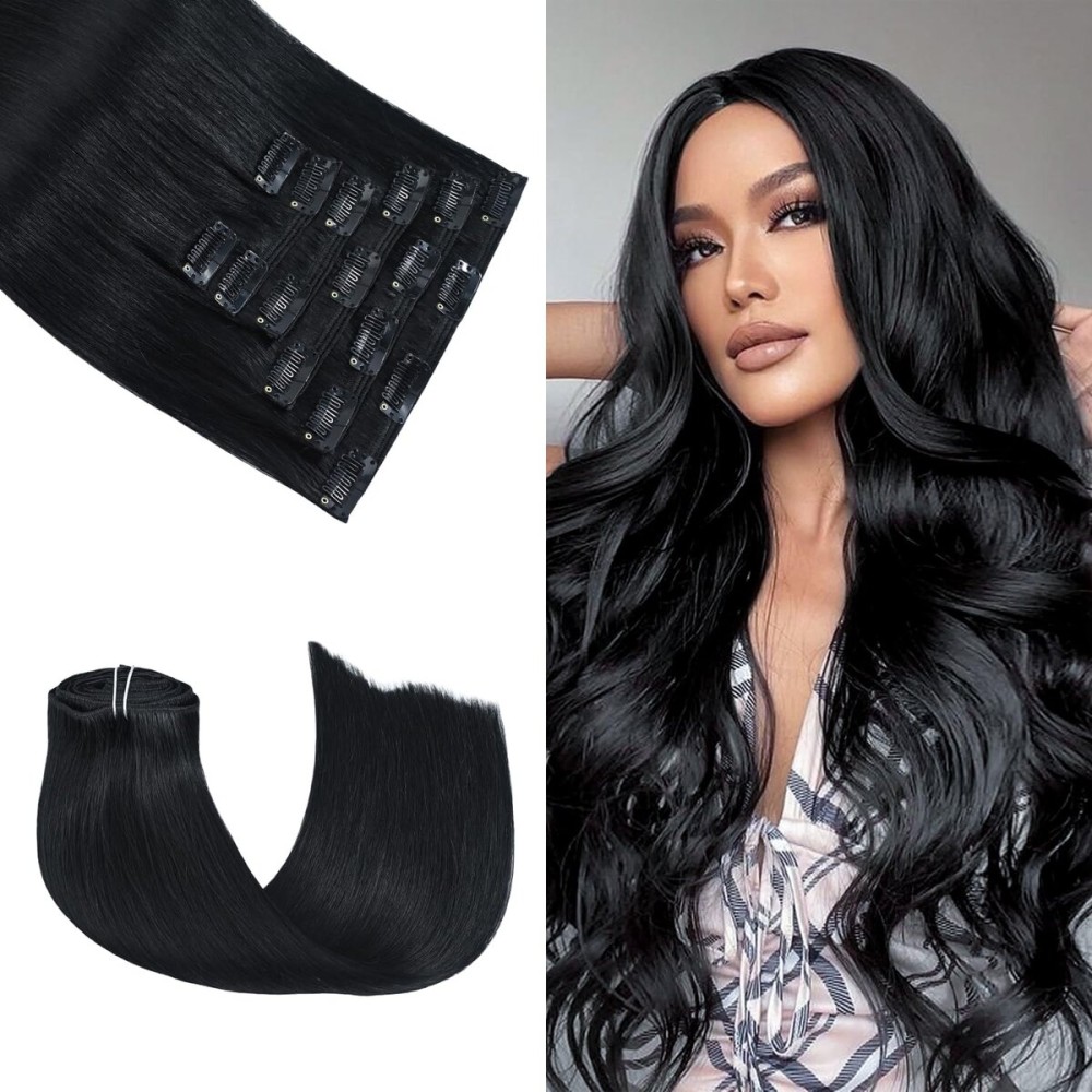 Honsoo Hair Extensions Real Human Hair Clip ins Straight Jet Black 18in 120g 7Pcs Black Women No Tangles Can Be Styled Like Your Own Natural Hair