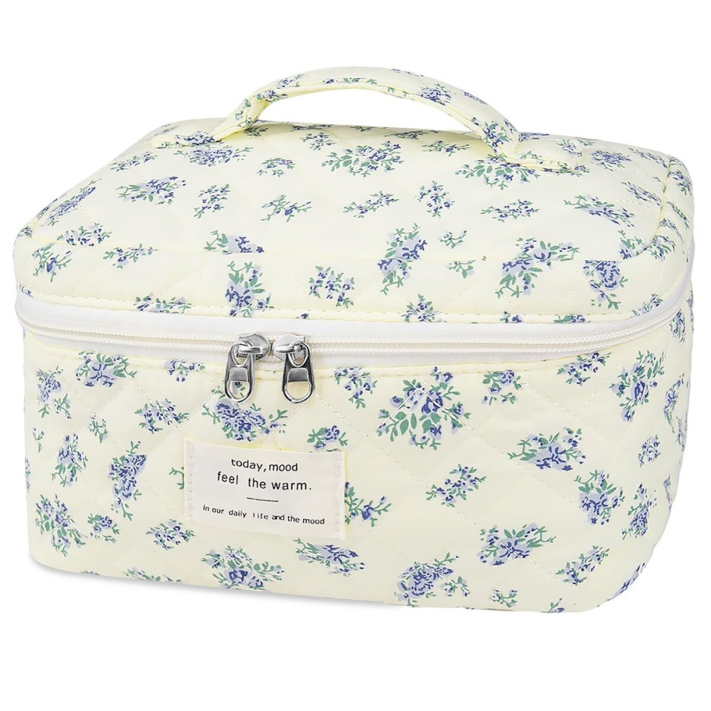 Large Travel Quilted Makeup Bag for Women,Big Floral Cotton Cosmetic Bag, Cute Coquette Aesthetic Floral Toiletry Organizer Bag (Blue Flower)