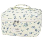Large Travel Quilted Makeup Bag for Women,Big Floral Cotton Cosmetic Bag, Cute Coquette Aesthetic Floral Toiletry Organizer Bag (Blue Flower)