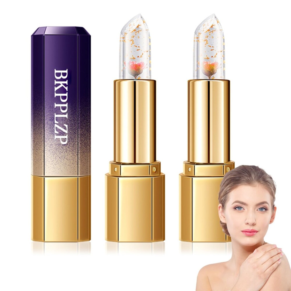 BKPPLZP 2 Pack Crystal Flower Jelly Lipstick,Magic Color Changing Lipstick,PH Clear Temperature Color Changing Lip Gloss,Lip Balm,Long Lasting Nourishing Moisturizing Lip Stick Set H02+03
