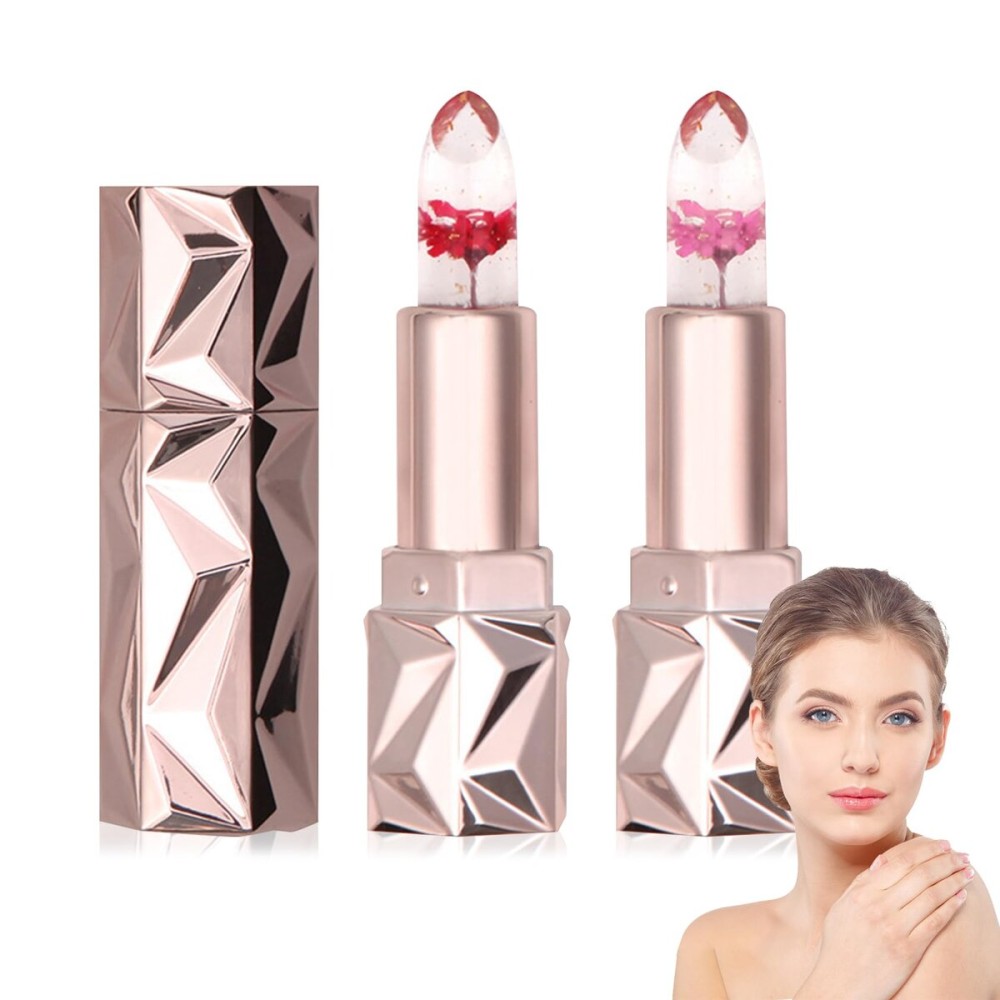 BKPPLZP 2 Pack Crystal Flower Jelly Lipstick,Magic Color Changing Lipstick,PH Clear Temperature Color Changing Lip Gloss,Lip Balm,Long Lasting Nourishing Moisturizing Lip Stick Set D01+02